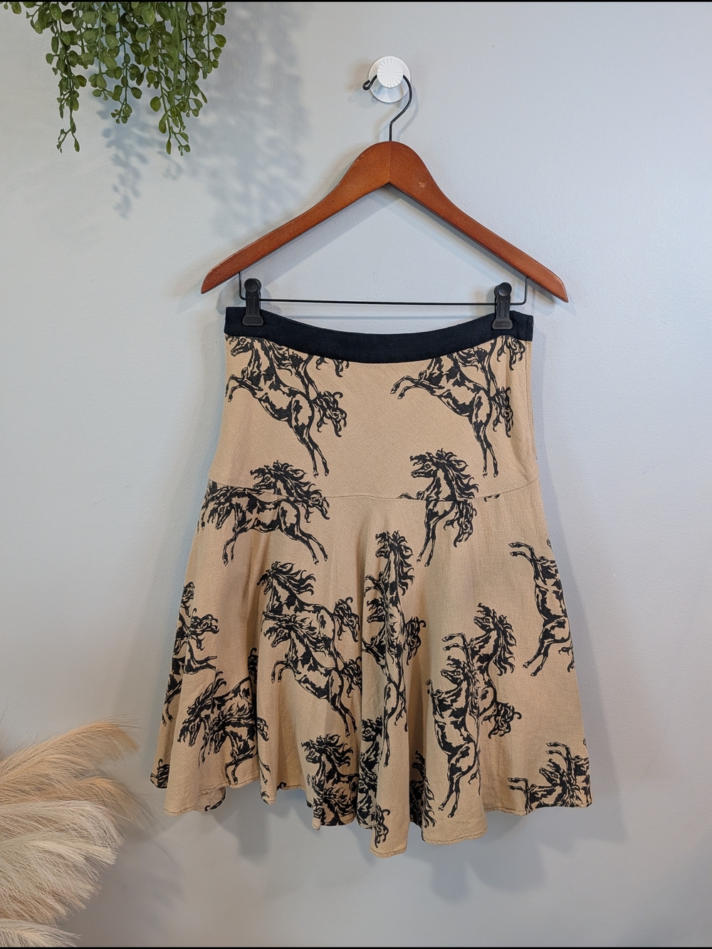 Odille By Anthropologie Beige Skater Skirt with Black Horse Print Waistband Sz 4